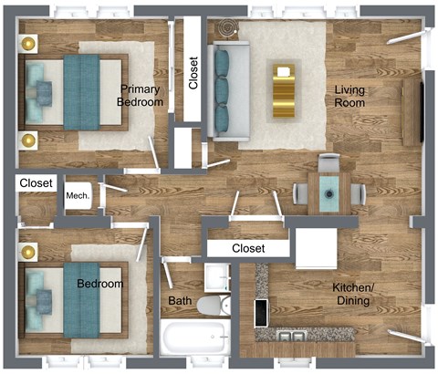 Floor plan for 2 beds, 1 bath, 722 sqft